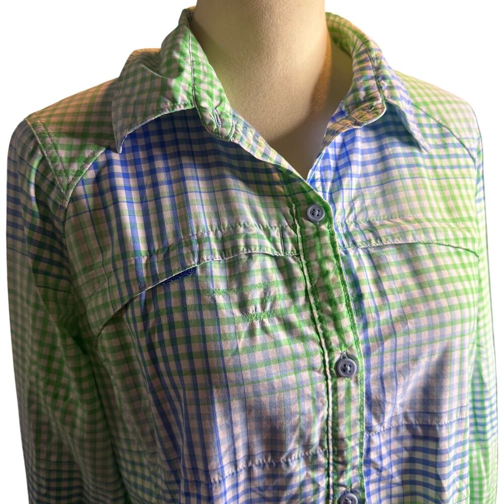 Columbia PFG Long Sleeve Vented Fishing Shirt, Gingham Green Blue, Women's Large - Picture 2 of 8